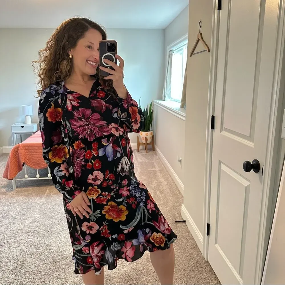 J. Crew Black Floral Long Sleeve Mini Dress 6